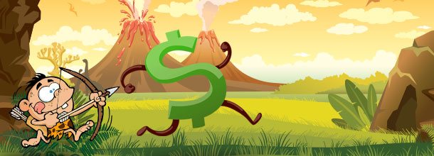 A cartoon caveman hunts dollar signs with his bow and arrow